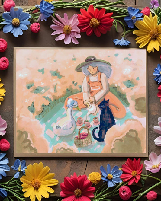 A colorful dreamy card of a girl, a duck and a cat having a magical tea party in a field of flowers; perfect for a girl's birthday or an everyday card for a friend