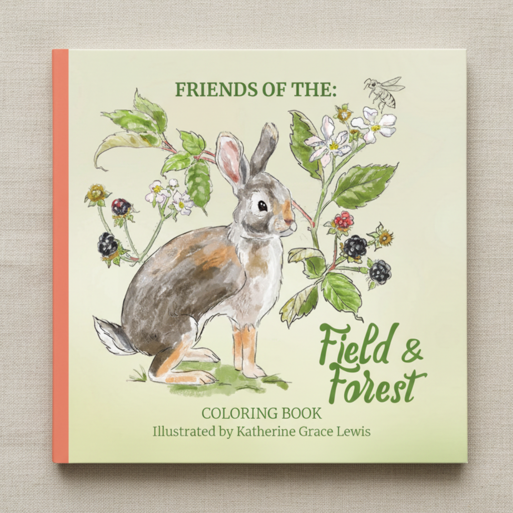 Coloring book cover featuring a watercolor illustration of a rabbit among various plants and flowers, with title 'Friends of the Field & Forest' and author's name.