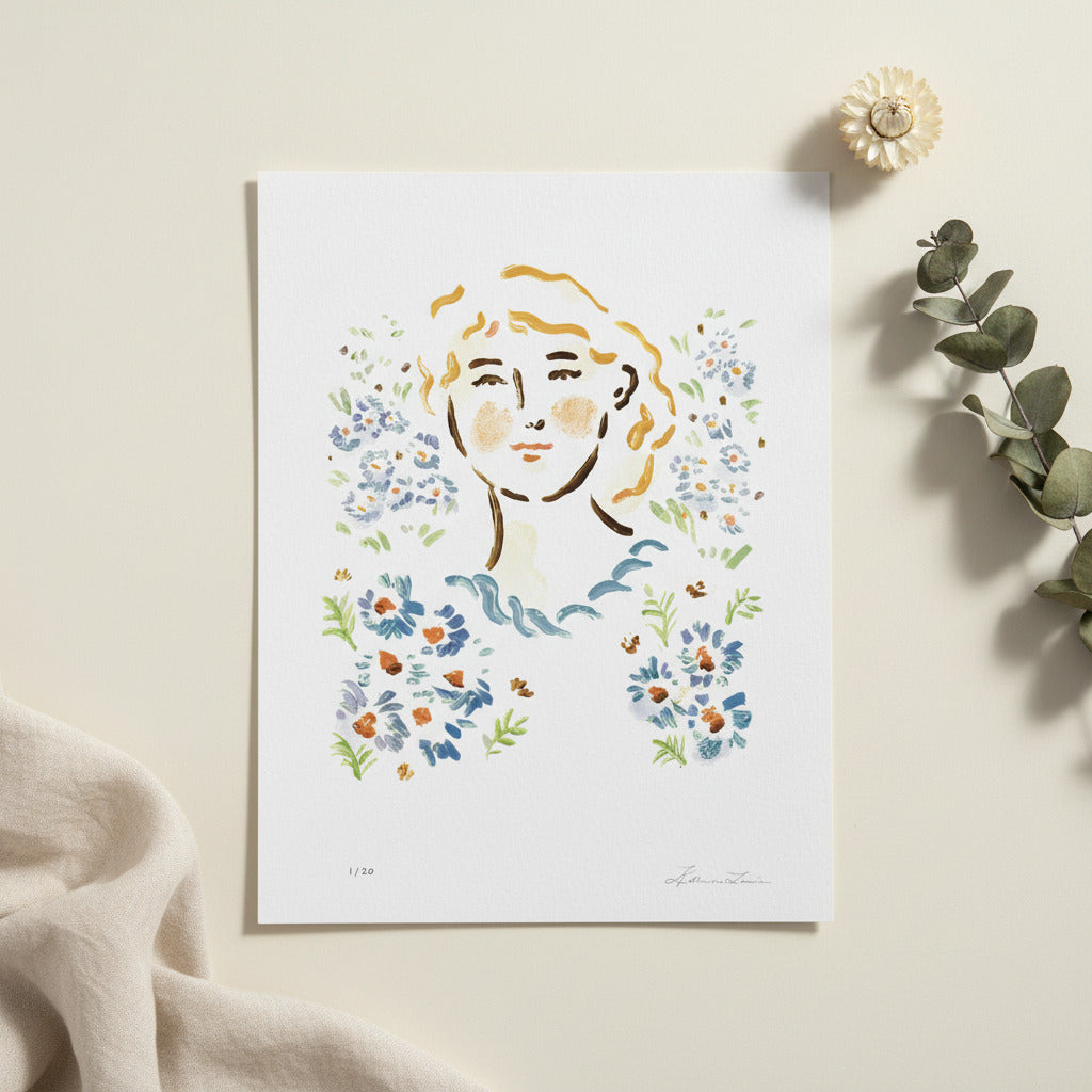 Illustration of a face with floral patterns on a white background, limited edition art print