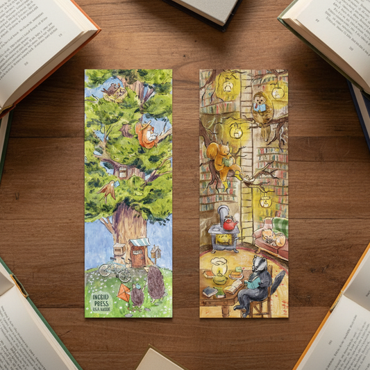 Two colorful bookmarks on a wooden surface with open books around them.