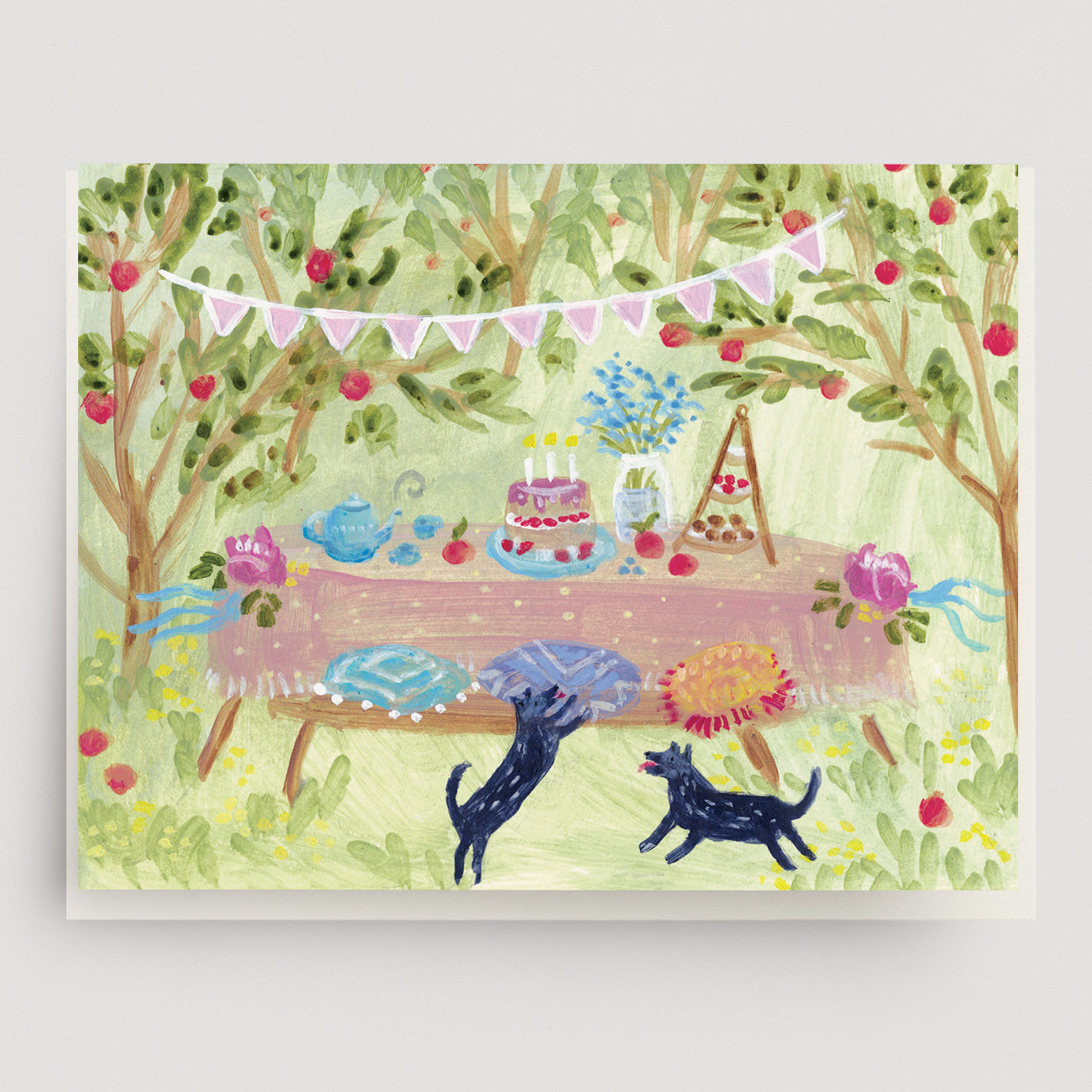 Illustration of a garden scene with a table, teacups, and dogs under apple trees. Perfect greeting card for weddings, birthdays or any party.