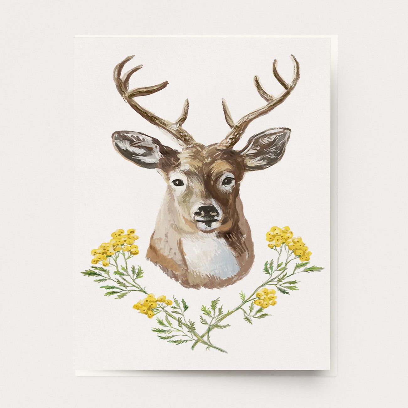 Greeting card of a deer stag portrait with a wreath of flowers. Ingrid Press, made in the USA.