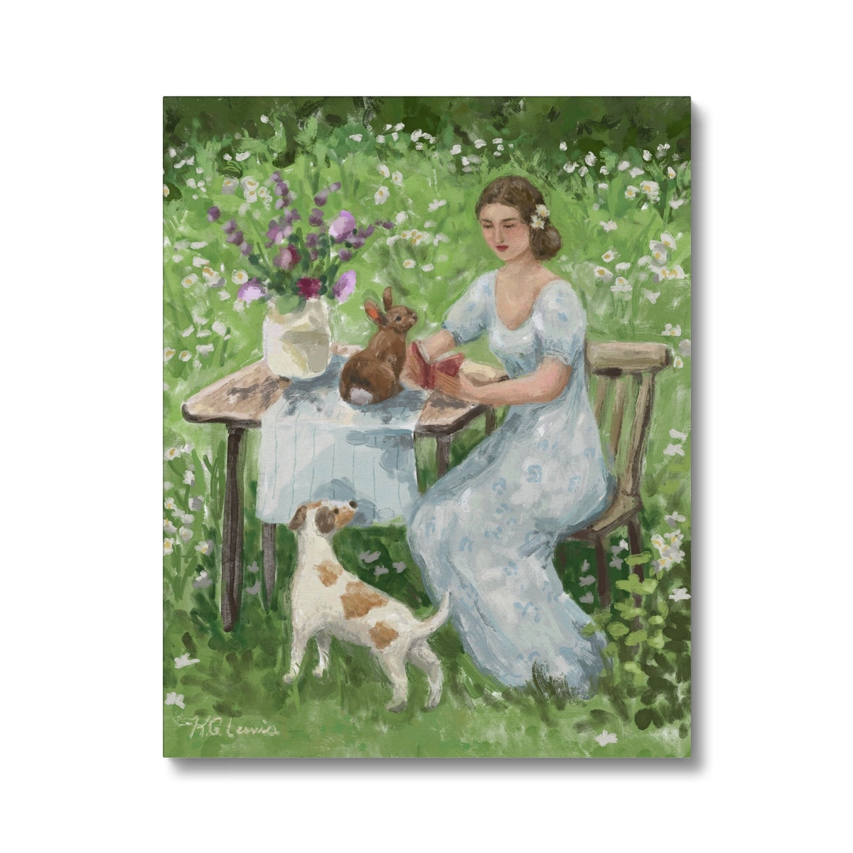 Art print decor of a woman reading with a rabbit and dog in a garden of flowers