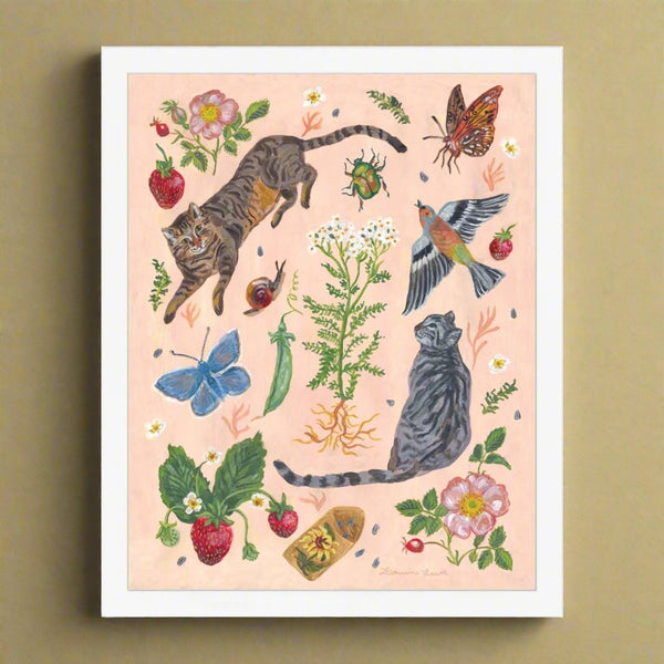 Cat Garden Framed Illustration Print