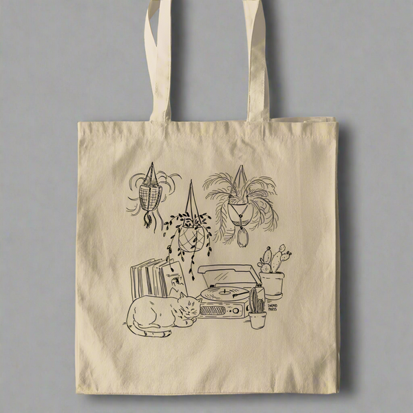 Turntable Cat Cotton Tote Bag