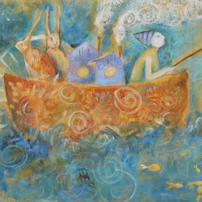 A colorful painted scene showing a small boat with two rabbits and a person on board, surrounded by swirling blue water and small fish. The artwork uses expressive brushstrokes in blue, teal, orange, yellow, and lavender tones.