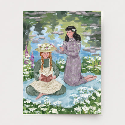 Anne of green gables and diana pick flowers and read by the river, illustrated greeting card