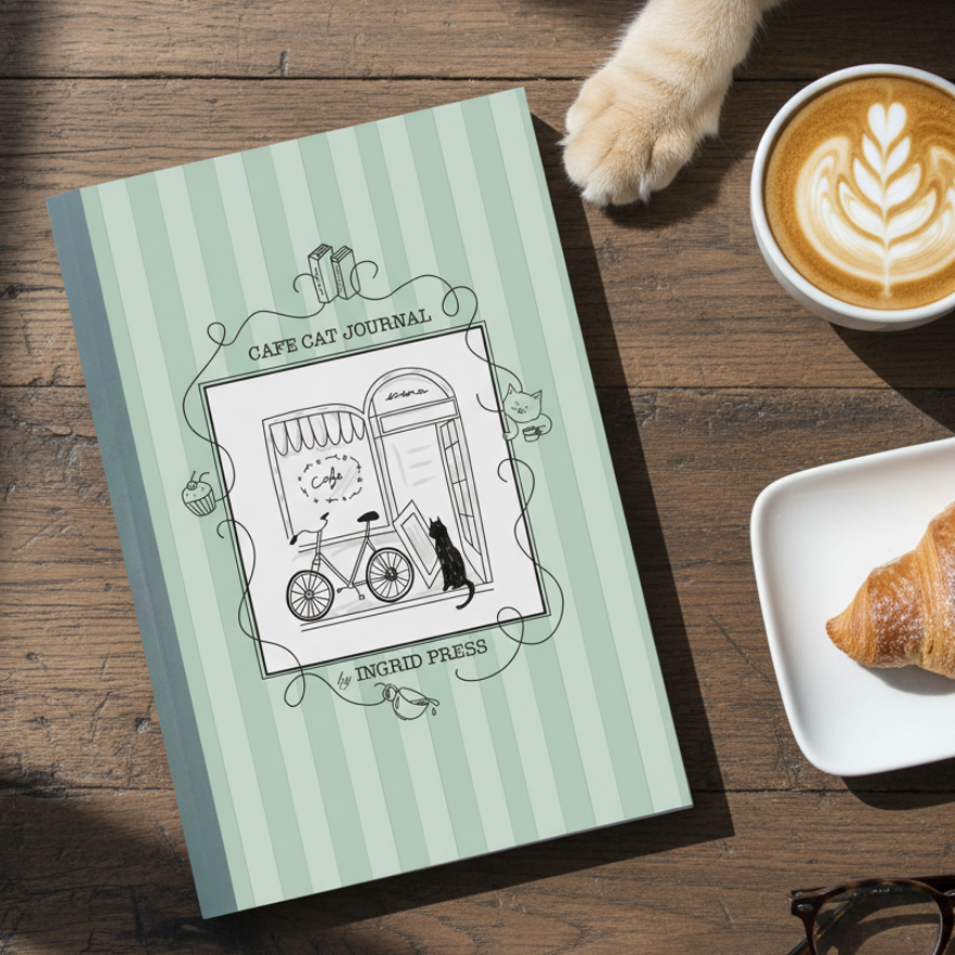 Cafe cat journal on a wooden table with a cup of coffee, croissant, and glasses.