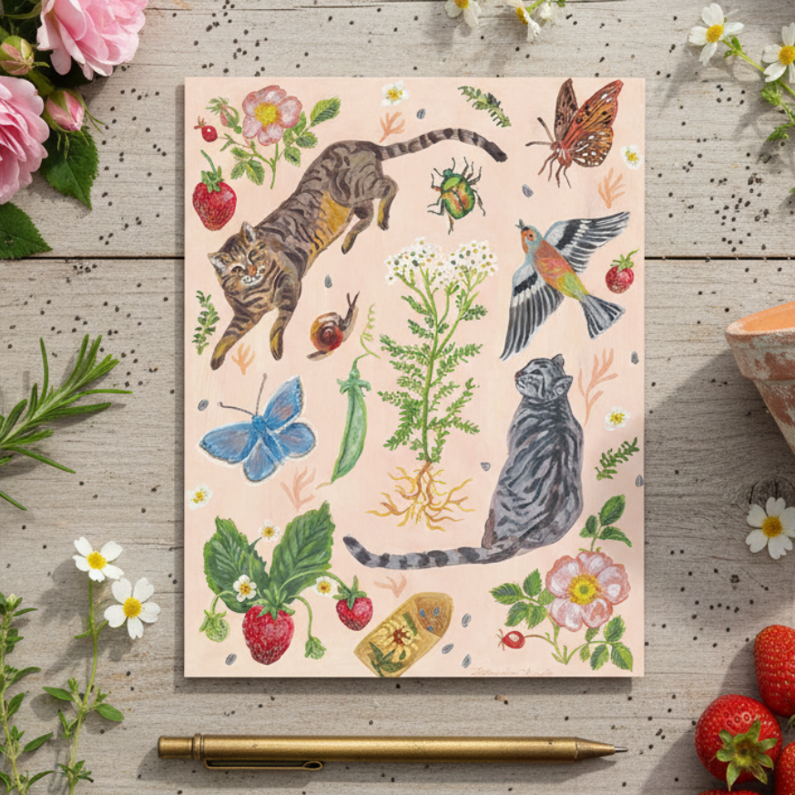 Greeting Card with cat and nature illustrations on a wooden surface with flowers and strawberries.