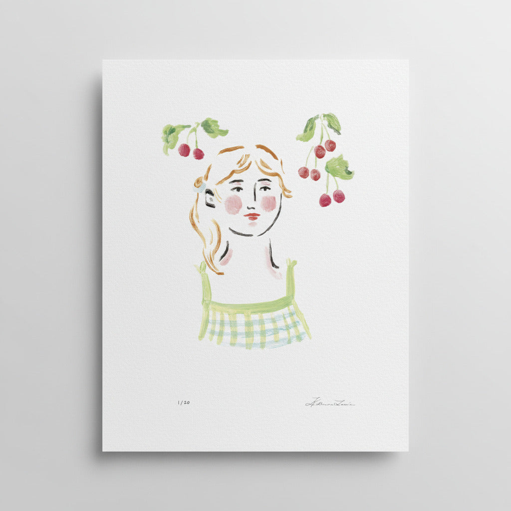 Illustration of a woman with cherries in her hair on a white background. Limited edition art print.