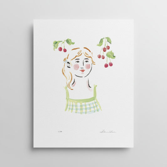 Illustration of a woman with cherries in her hair on a white background. Limited edition art print.