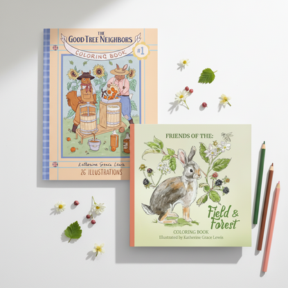 Coloring book titled 'Friends of the Field & Forest' with illustrations on a white background
