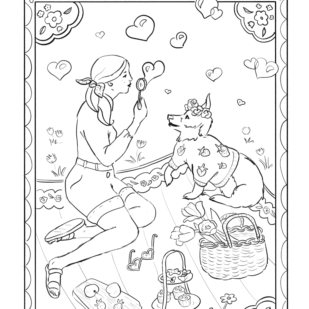 Corgi Picnic Digital Coloring Page Download