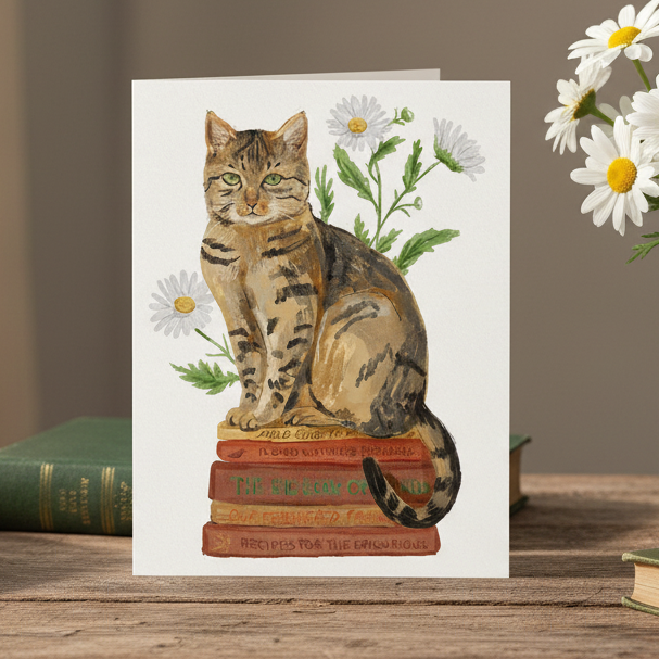 Greeting card with a cat illustration on a wooden surface with books and flowers.