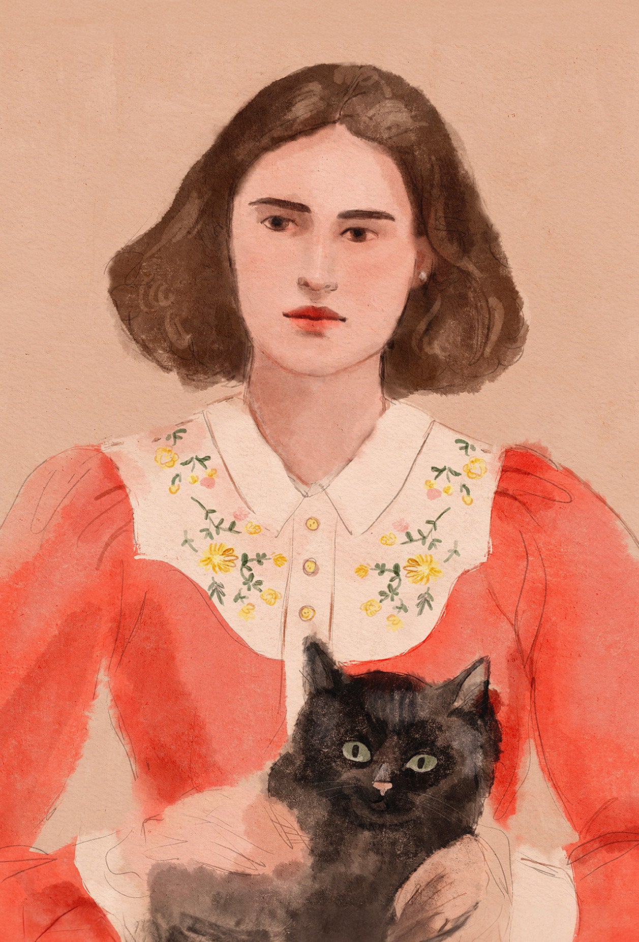 Watercolor portrait of a woman with brown hair wearing a red dress with a white floral collar, holding a black cat against a warm beige background.