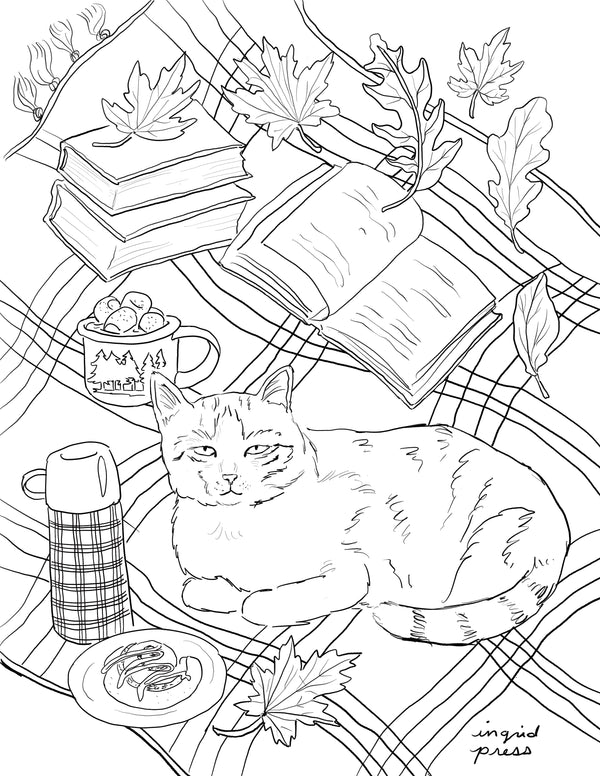 Fall Cat Picnic Coloring Page