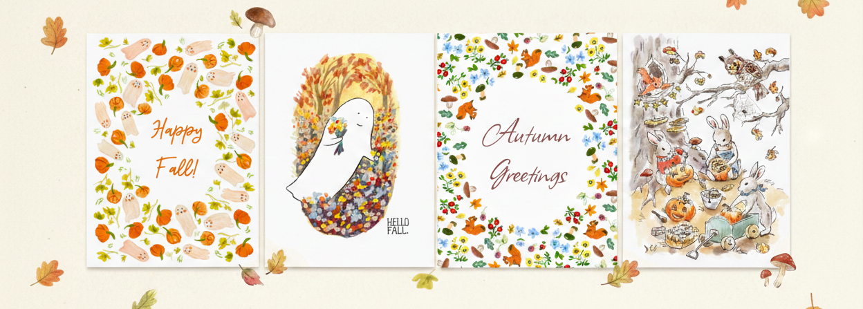Four illustrated autumn greeting cards displayed on a cream background with decorative leaves and mushrooms. The cards feature fall-themed artwork including pumpkins, a white bird in colorful leaves, flowers, and woodland animals.