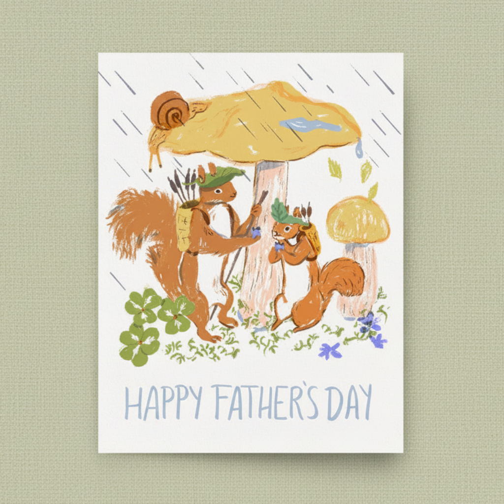 Father's Day card with two squirrels under a mushroom, on a light green background.