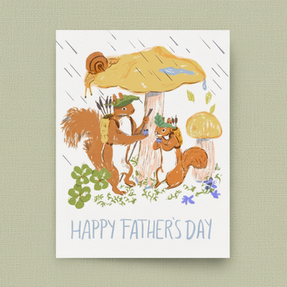 Father's Day card with two squirrels under a mushroom, on a light green background.