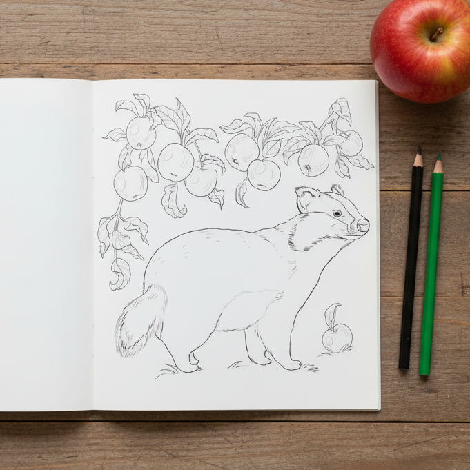 Coloring book page of a badger in an orchard