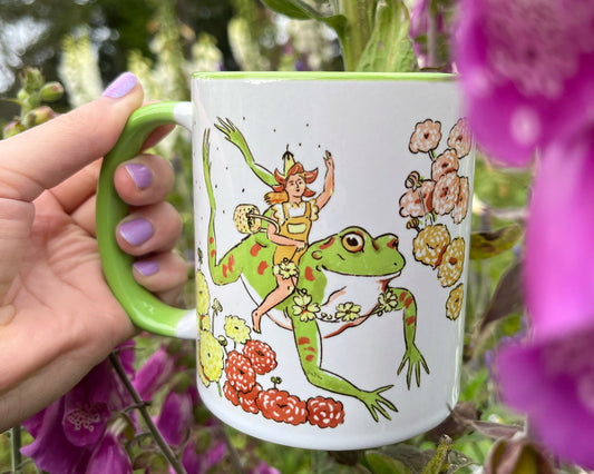 Frogs and Flower Seeds Green Accent Mug