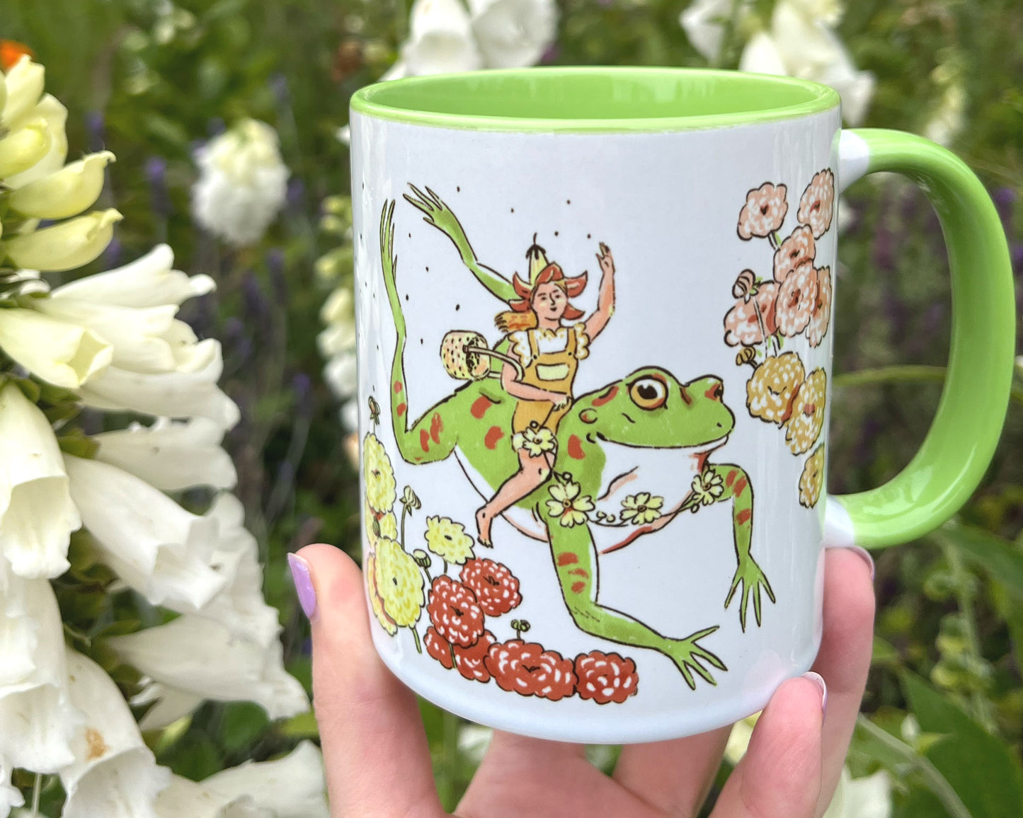 Frogs and Flower Seeds Green Accent Mug