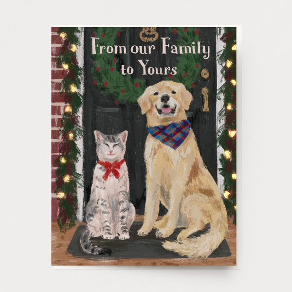 Golden retriever dog and cat sitting on porch greeting card wishing merry christmas