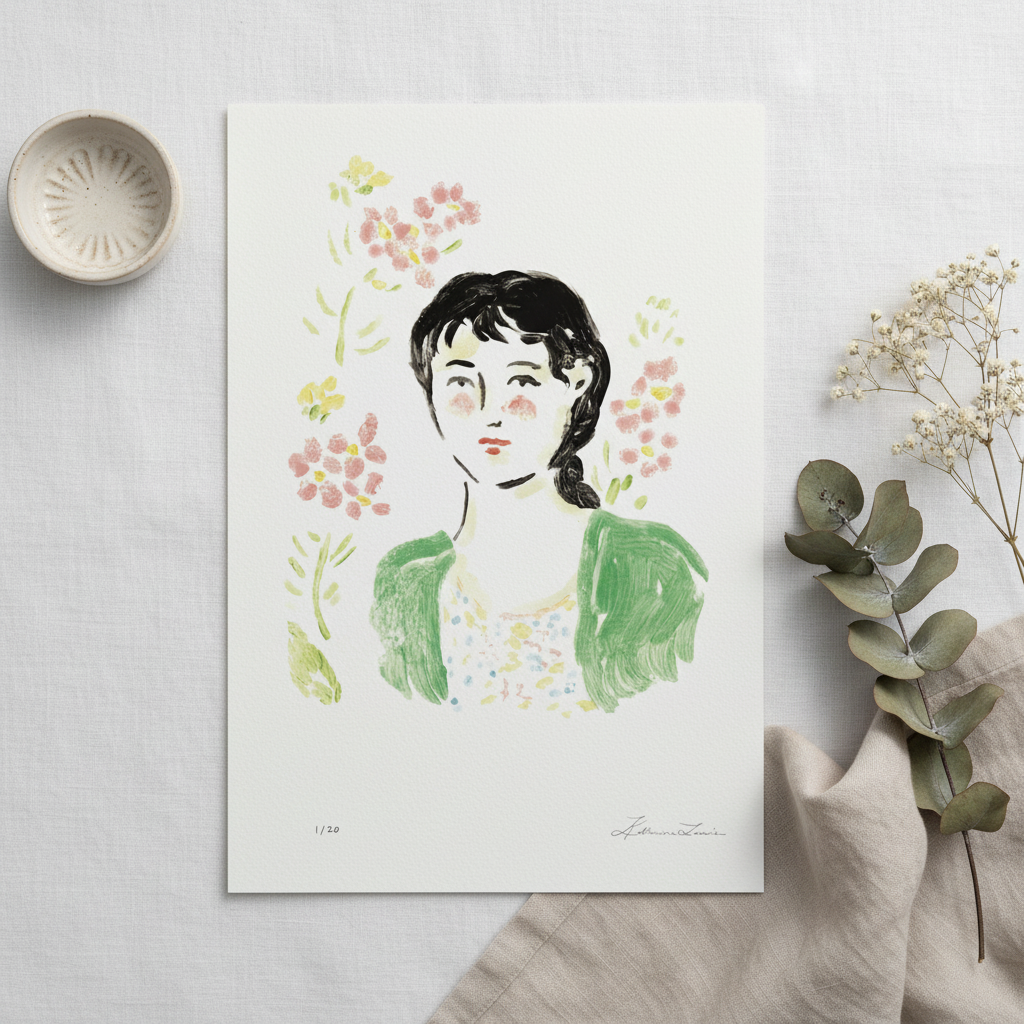 Illustration of a Japanese woman with flowers and greenery on a white background, limited edition art print.