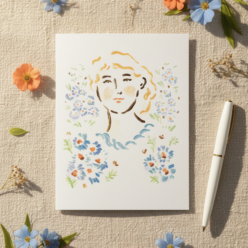 Card with floral design and face illustration on a textured surface with flowers and a pen.