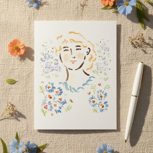 Card with floral design and face illustration on a textured surface with flowers and a pen.