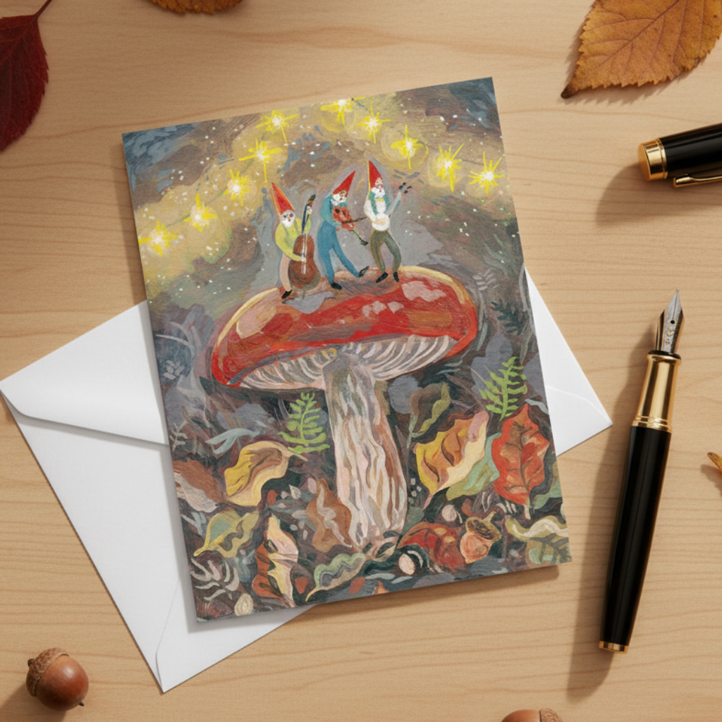 Greeting card with gnomes on a mushroom, surrounded by autumn leaves and stationery on a wooden surface.