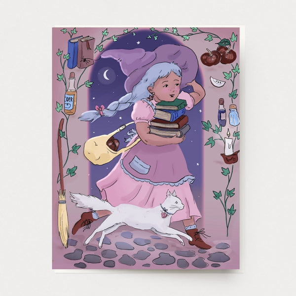 Illustration of a young witch girl with a cat, books, and a broomstick on a purple background, greeting card printed in the USA