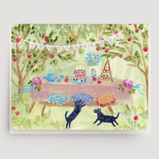 Illustration of a garden scene with a table, teacups, and dogs under apple trees. Perfect greeting card for weddings, birthdays or any party.