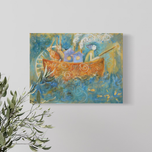 A square wall art print or canvas showing a whimsical boat scene in blue, teal, and orange tones, displayed on a light gray wall above a white vase with green branches.