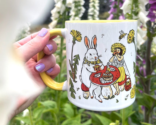 Rabbit Picnic Yellow Accent Mug