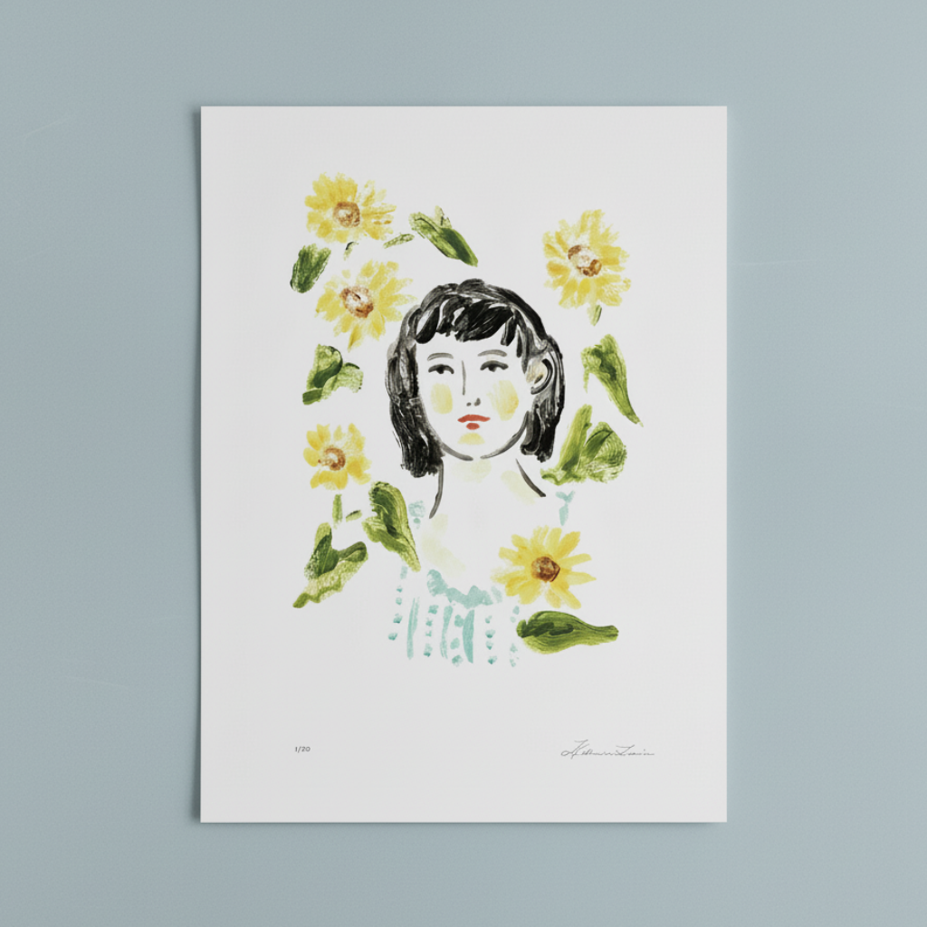 Illustration of a woman's face and sunflowers, limited edition art print.