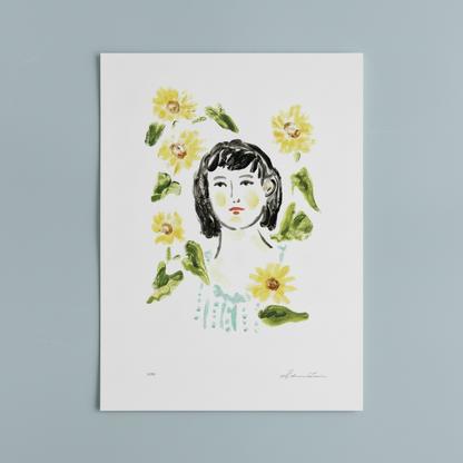 Illustration of a woman's face and sunflowers, limited edition art print.