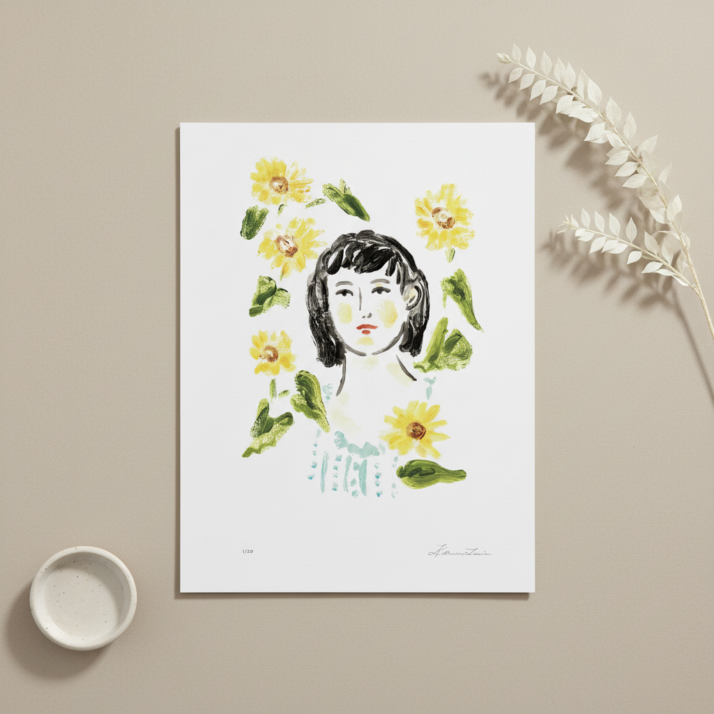 Illustration of a woman's face surrounded by flowers and leaves on a white background. Limited edition art print.