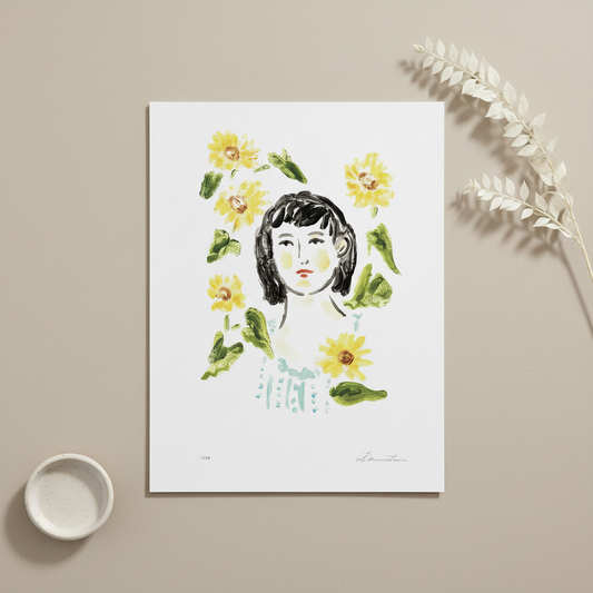 Illustration of a woman's face surrounded by flowers and leaves on a white background. Limited edition art print.
