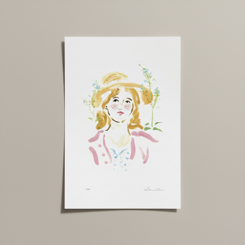 Illustration of a girl with flowers in her hair on a white background. Limited edition art print.