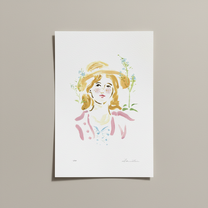 Illustration of a girl with flowers in her hair on a white background. Limited edition art print.