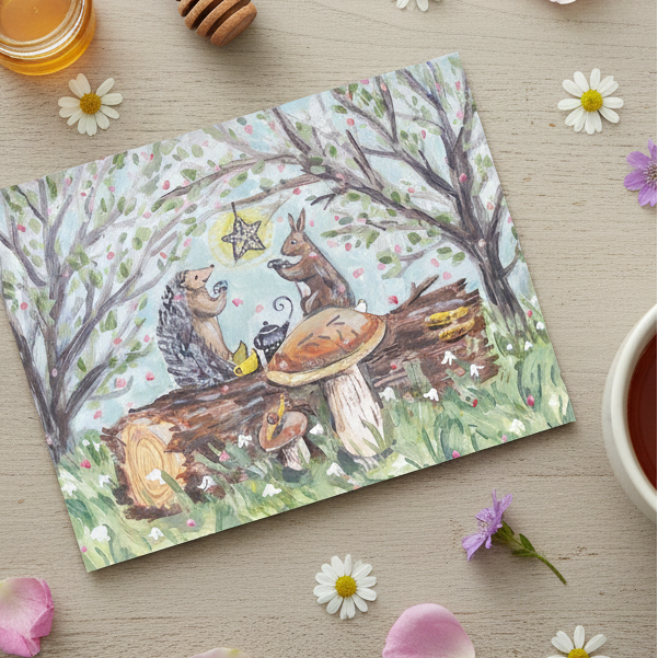Greeting card with nature-themed illustration of animals around a mushroom, surrounded by flowers and honey on a wooden surface.