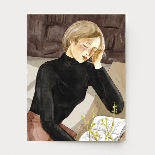 A woman reading in a library, watercolor greeting card