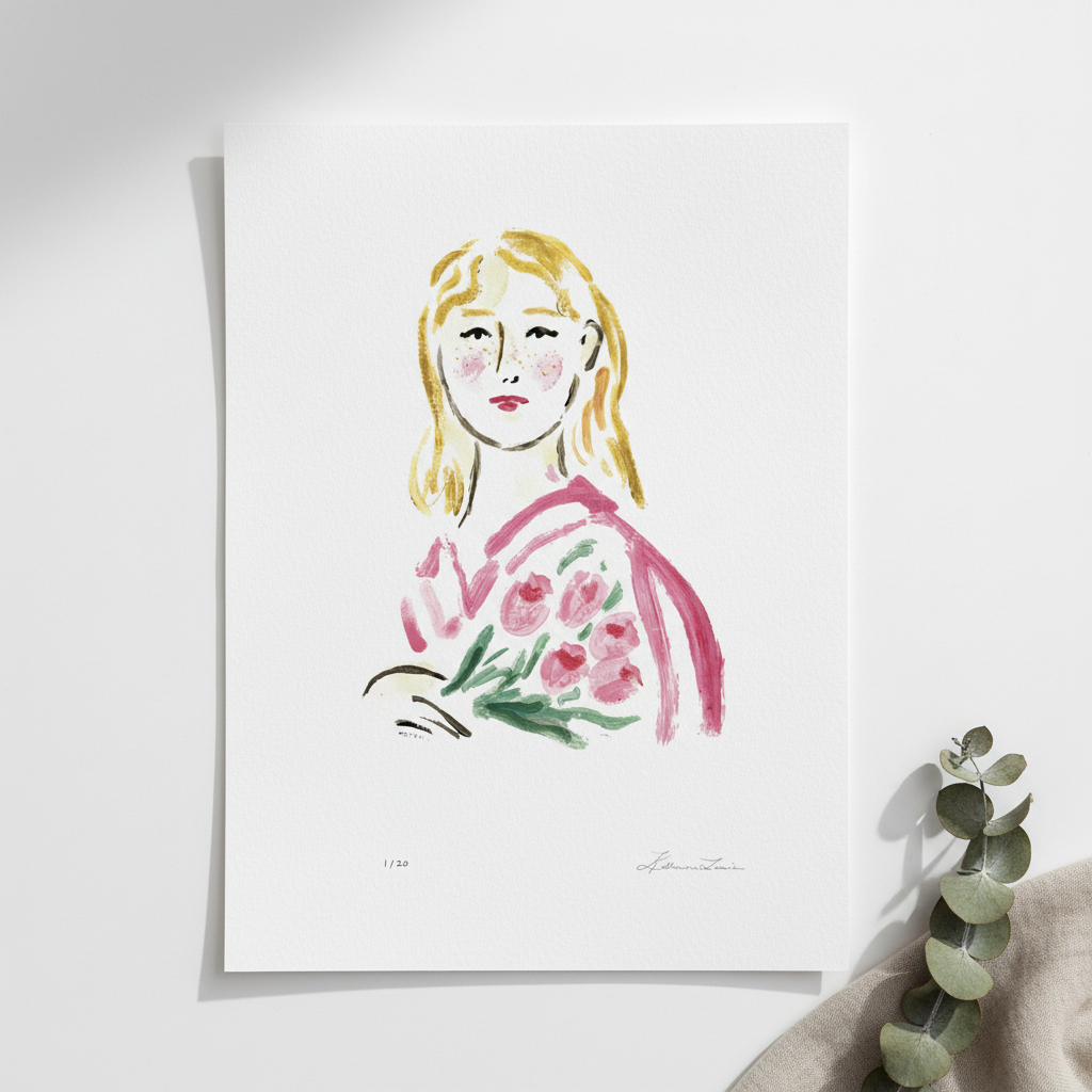 Illustration of a woman holding flowers on a white background