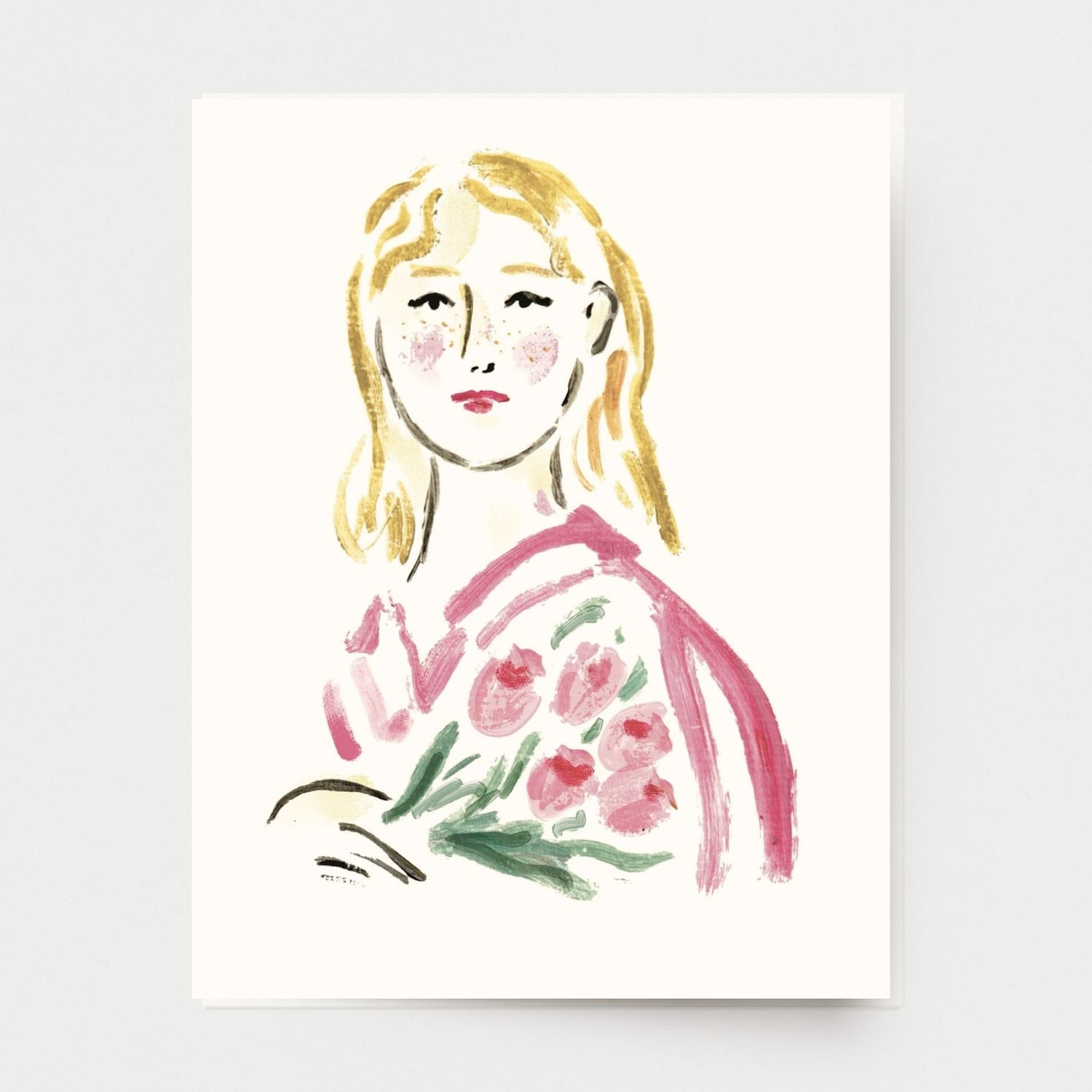 Illustrated greeting card of a woman with blonde hair and a floral dress on a white background, minimalist, Matisse style