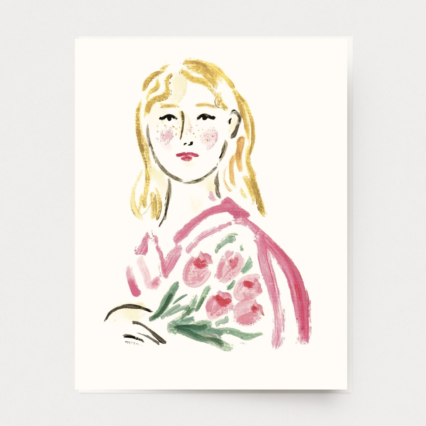 Illustrated greeting card of a woman with blonde hair and a floral dress on a white background, minimalist, Matisse style
