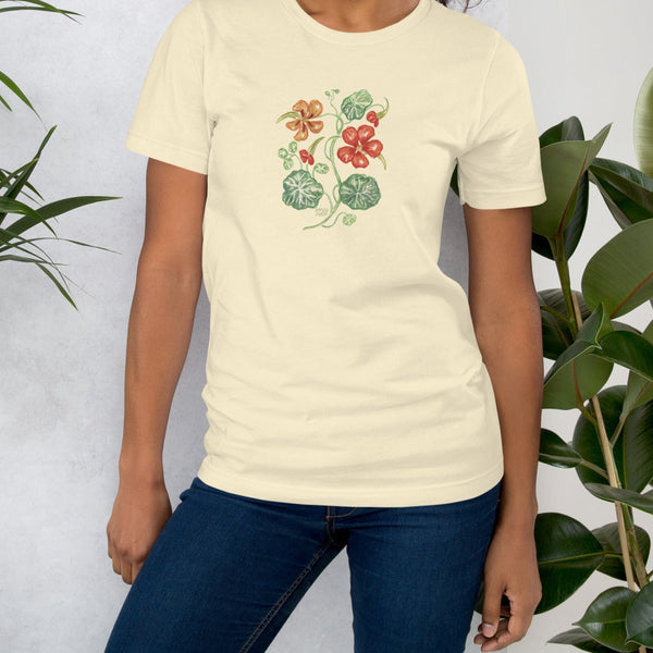 Girl wearing nasturtium botanical tshirt