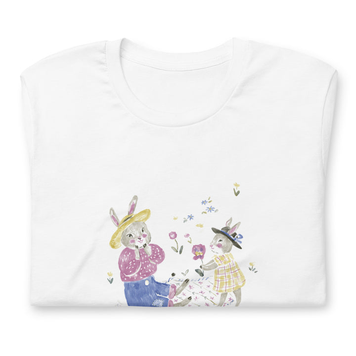 Shirt with rabbits having a picnic