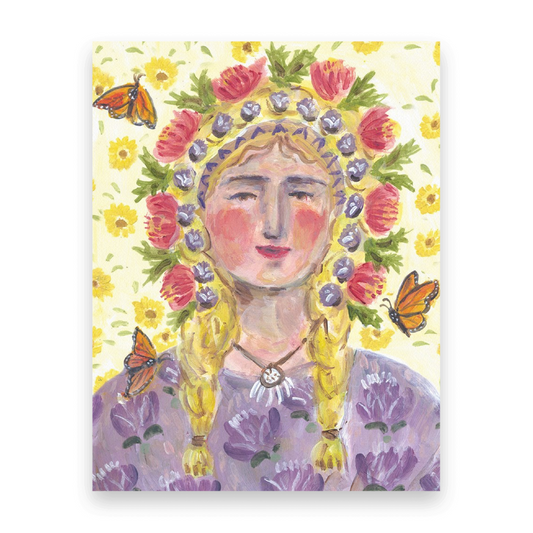 Postcards of a peaceful blond woman with a colorful floral crown, a background of yellow flowers, a purple floral dress and monarch butterflies flying around. Hand illustrated and made by Ingrid Press card and gift company, ethically printed in the USA.