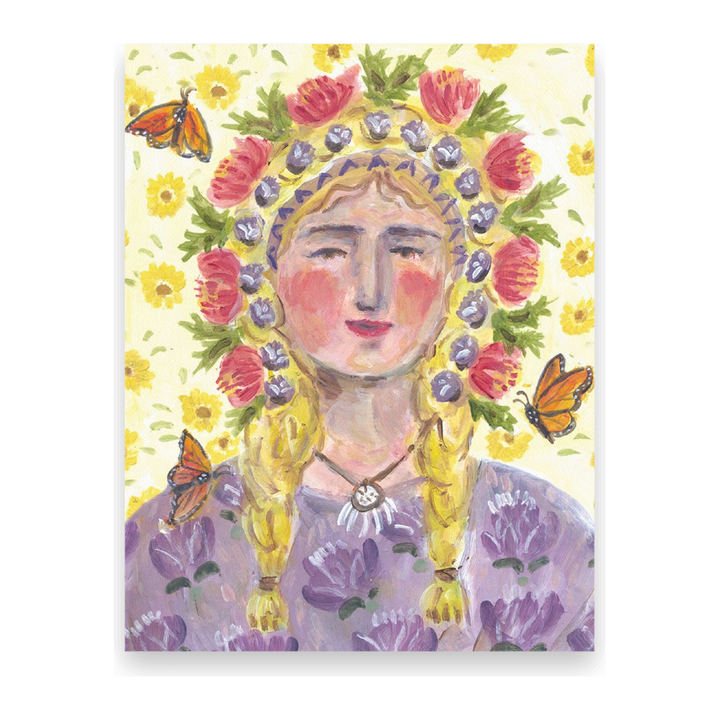 Postcards of a peaceful blond woman with a colorful floral crown, a background of yellow flowers, a purple floral dress and monarch butterflies flying around. Hand illustrated and made by Ingrid Press card and gift company, ethically printed in the USA.